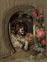 CHROMOLITHOGRAPH VICTORIAN PRINT OF A SAINT BERNARD AND MALTESE  $15.00