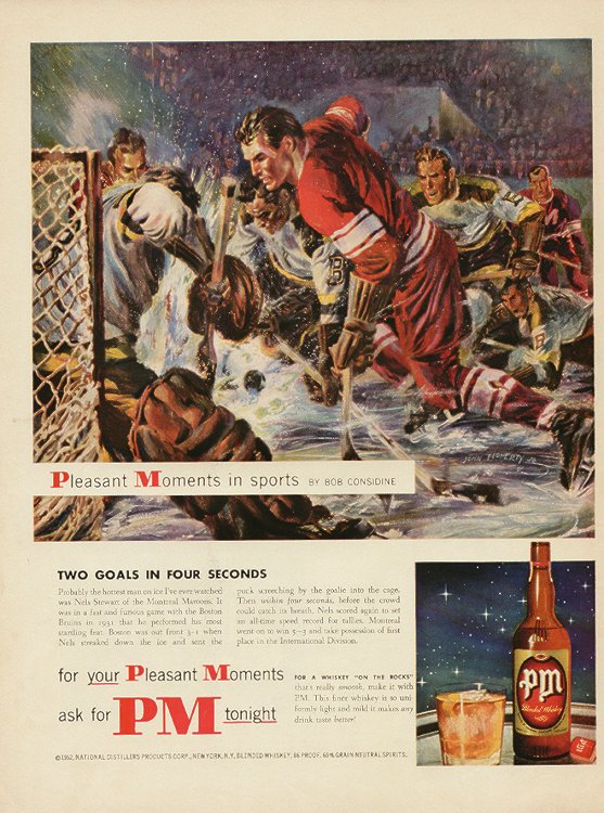 boston bruins bear ads. 1952 PM WHISKEY AD showing